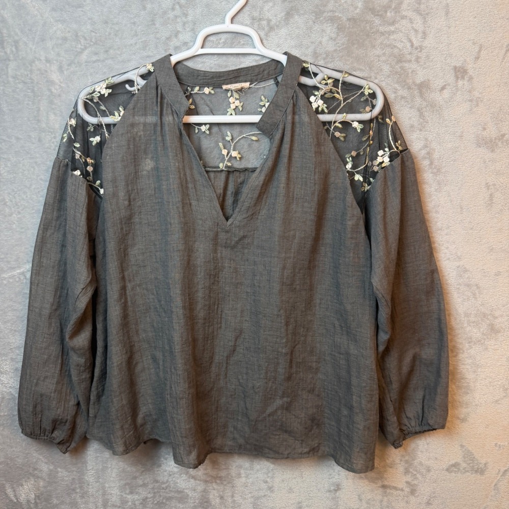 Ganji LA Blouse Womens Large Grey Floral‎ Embroidered Mesh Yoke Boho Whimsigoth